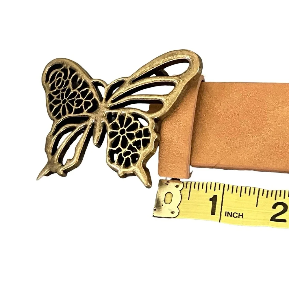 Butterfly Buckle Tan Faux Leather Belt Womens L Boho Fairy Cowgirl Hippie Whimsy